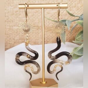 Black and Gold Sun Snake Earrings with Brass